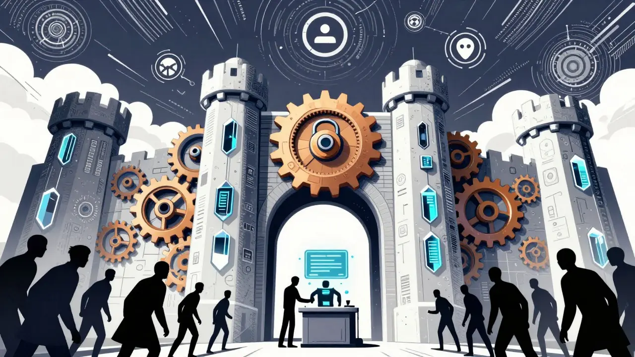 Futuristic security fortress blocking disguised credentials in an art deco style.