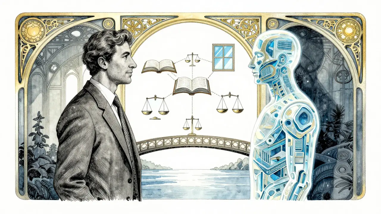 Human and transparent AI partner across a bridge of honesty and clarity