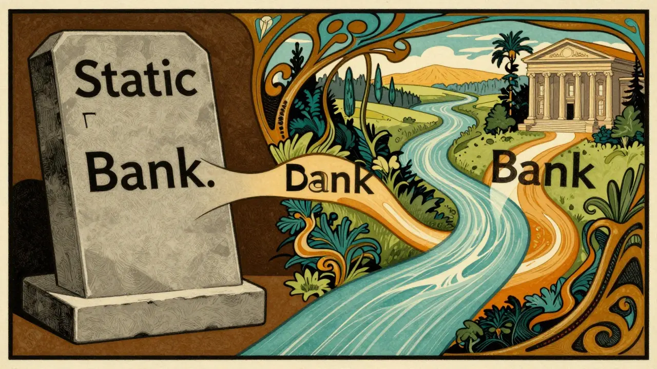 Illustration contrasting static stone symbols with fluid contextual meanings