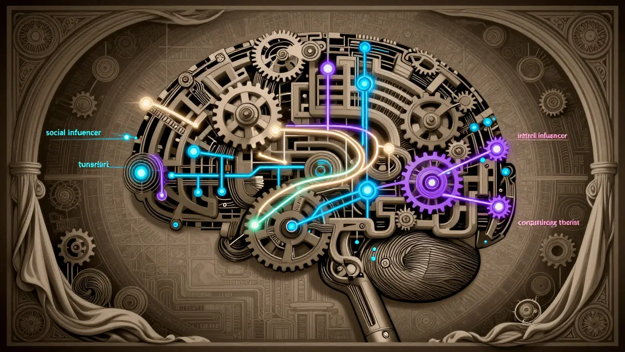 Illustration of a complex neural network structure with glowing nodes representing internal concept analysis.