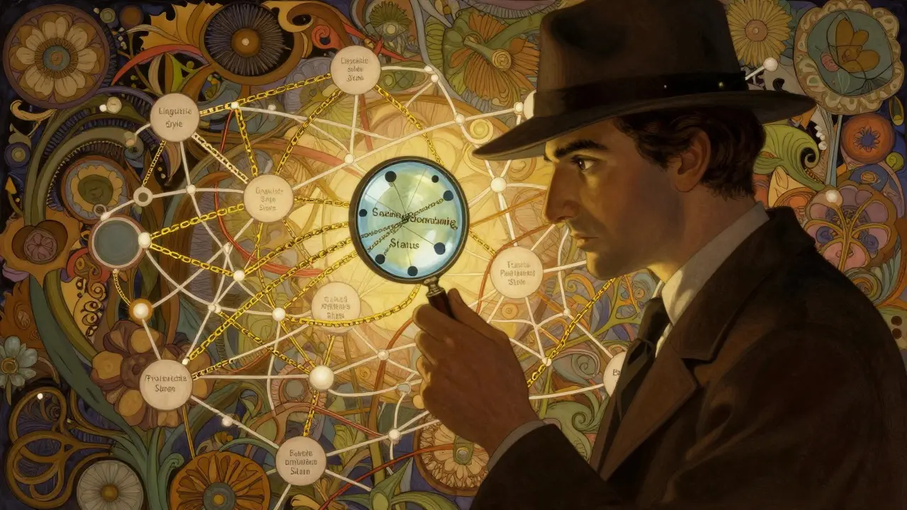 Illustration of a figure using a magnifying glass to reveal hidden bias connections in a complex data web.