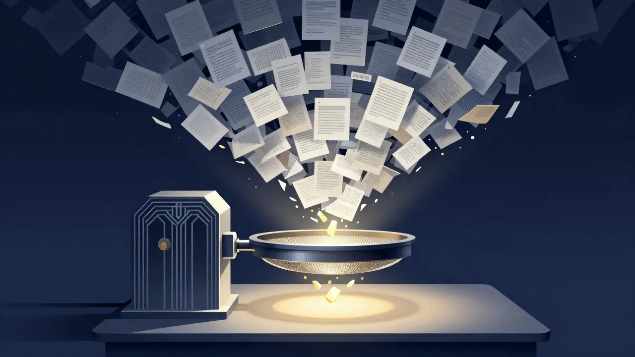 Illustration of a funnel filtering chaotic text into precise golden shards, symbolizing context optimization.