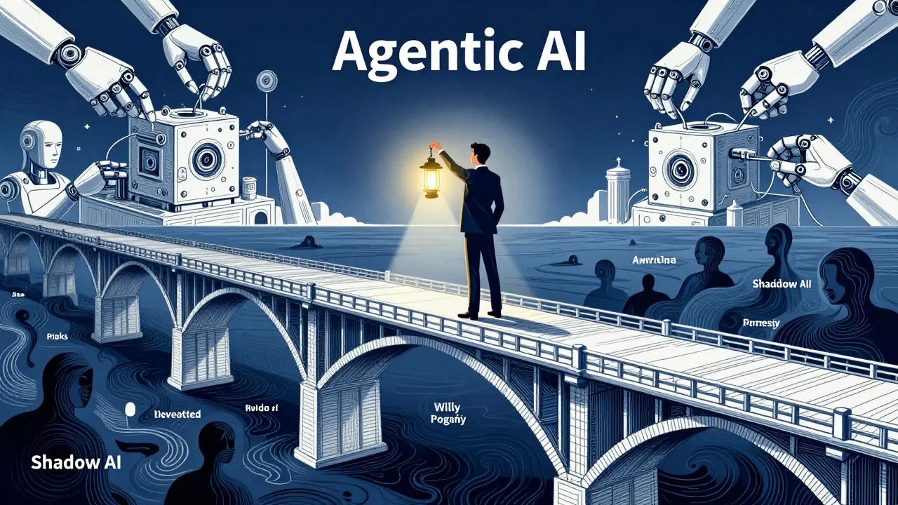 Illustration of a leader guiding autonomous AI systems across a bridge of governance and strategy.