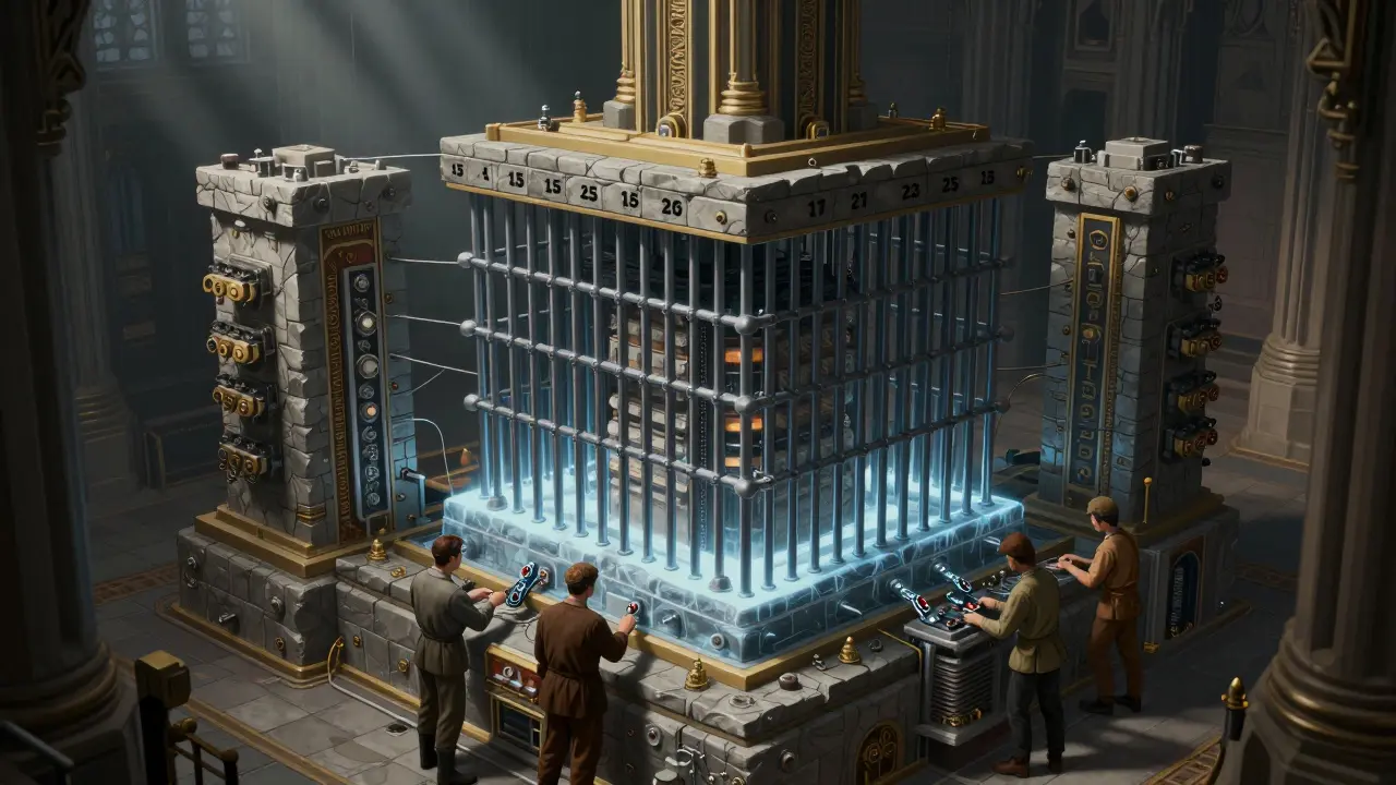 Illustration of a neural network with its core safety layers locked behind iron bars