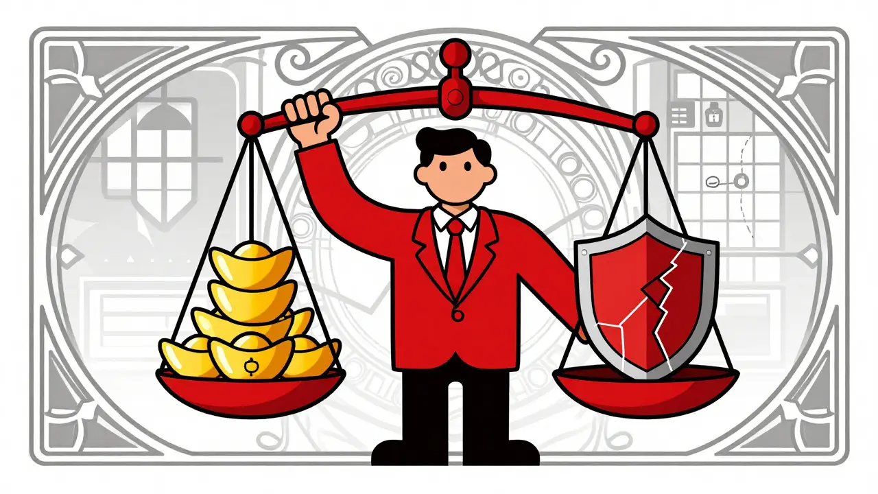 Illustration of a scale balancing financial gains against AI risk and governance shields.