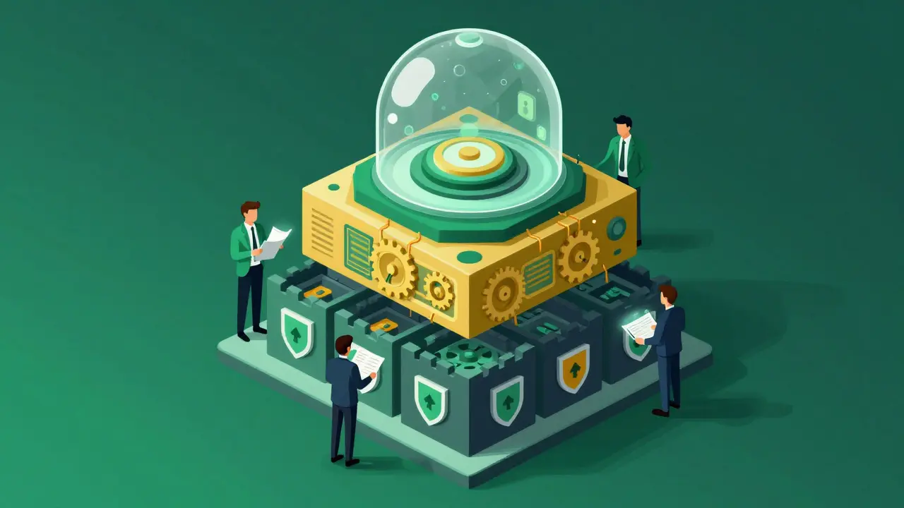 Illustration showing layered security architecture with shields, gears, and a protective dome.