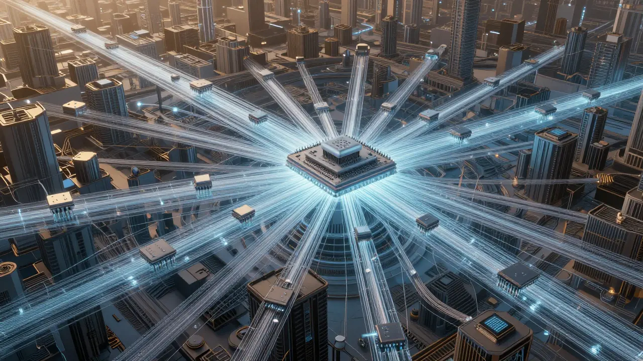Intricate illustration of a scalable distributed AI network with glowing optical connections.