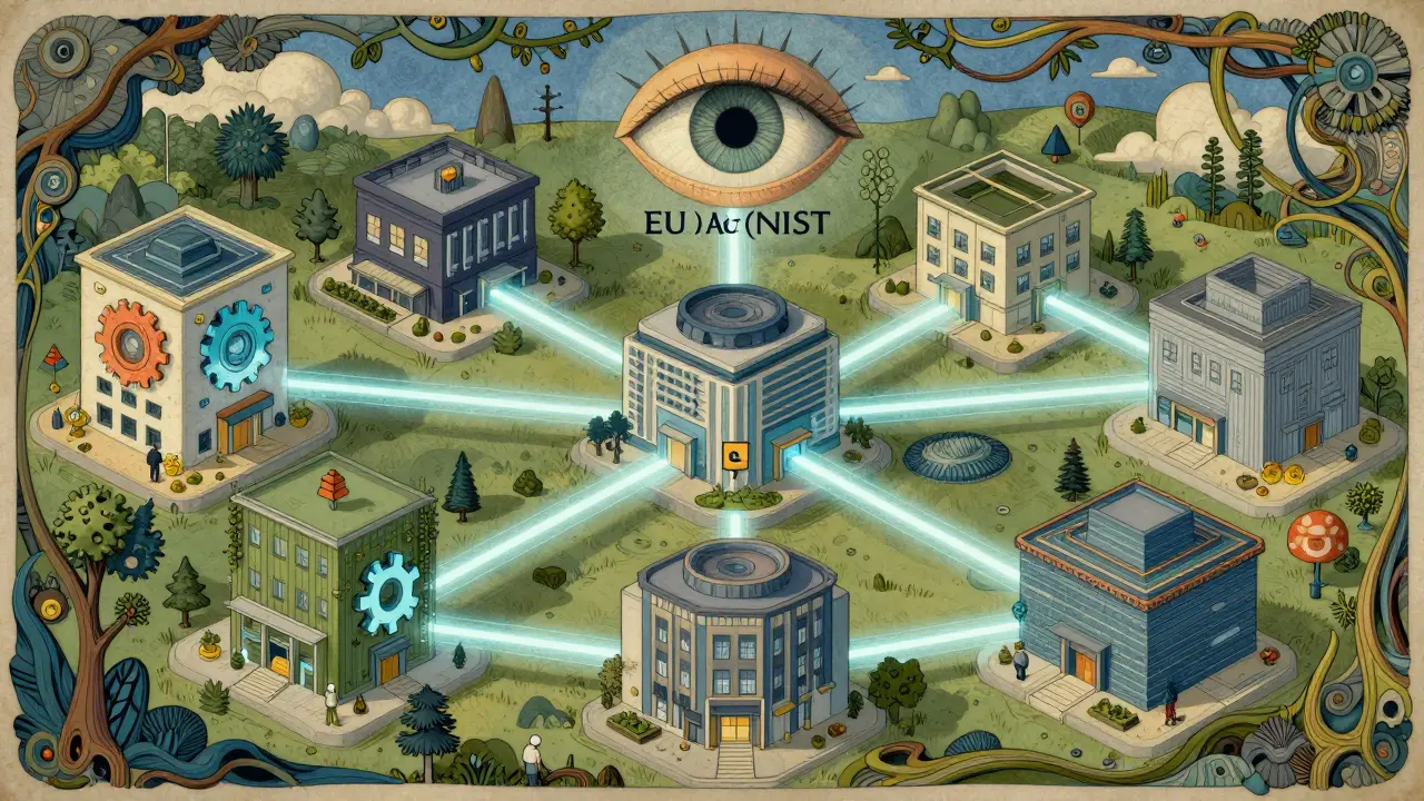 Intricate illustration of secure, interconnected vendor buildings under regulatory watch