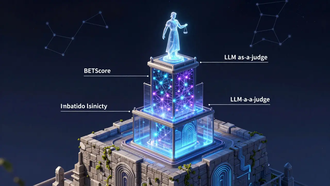 Layered tower showing hybrid AI evaluation pipeline from statistical to neural metrics