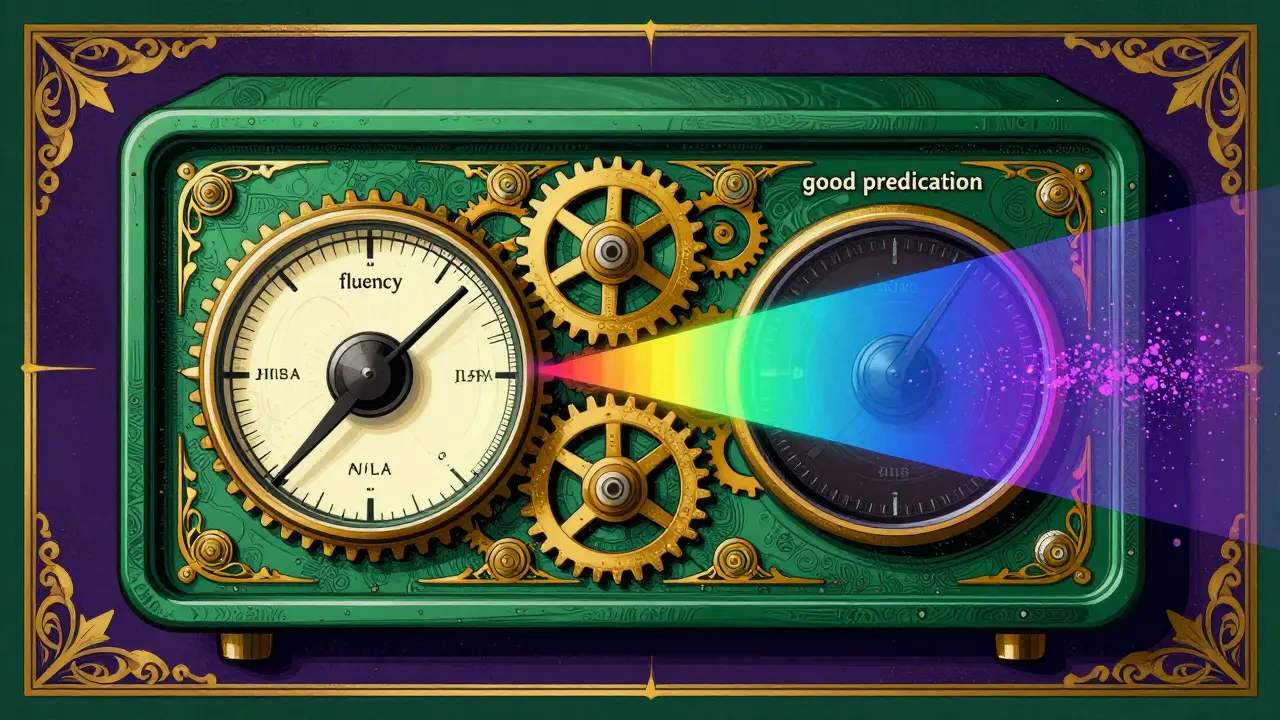 Mechanical device with gears and light beams illustrating fluency versus truth in AI models.