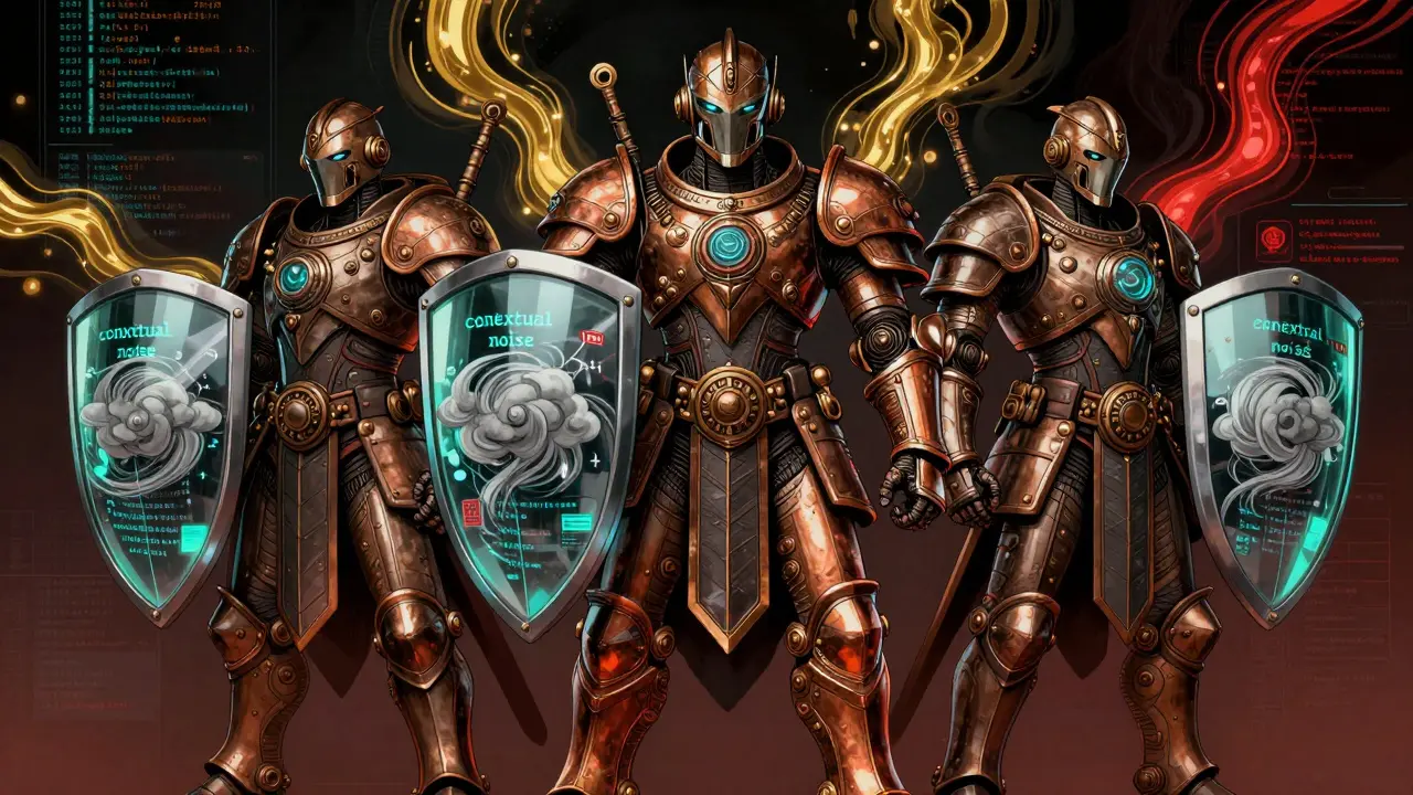 Ornate mechanical guardians filtering dangerous secrets from AI-generated code streams.