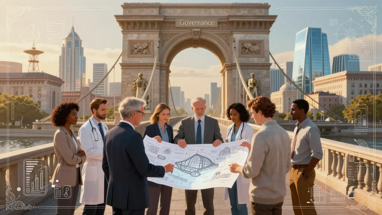 Professionals examining hybrid blueprint under a governance archway