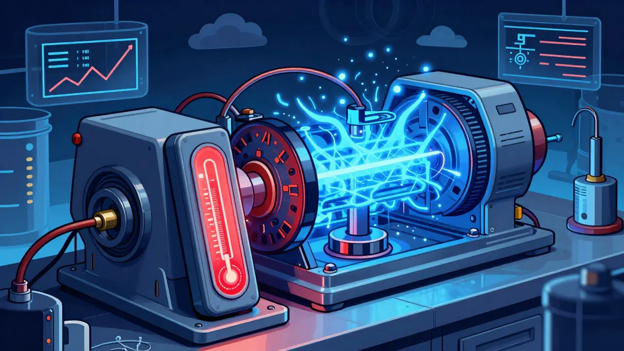 Retro lab scene with thermometer calibrating a large AI engine