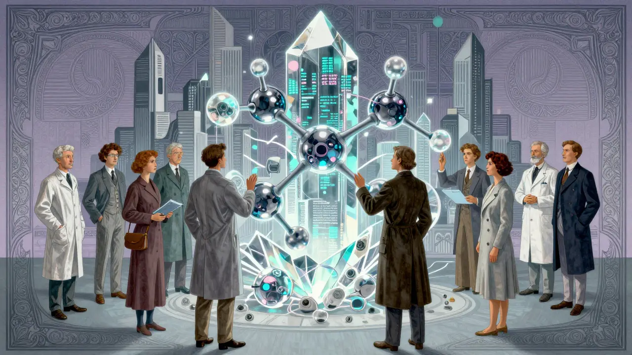 Scientists examining a glowing crystal structure in classic drawing style