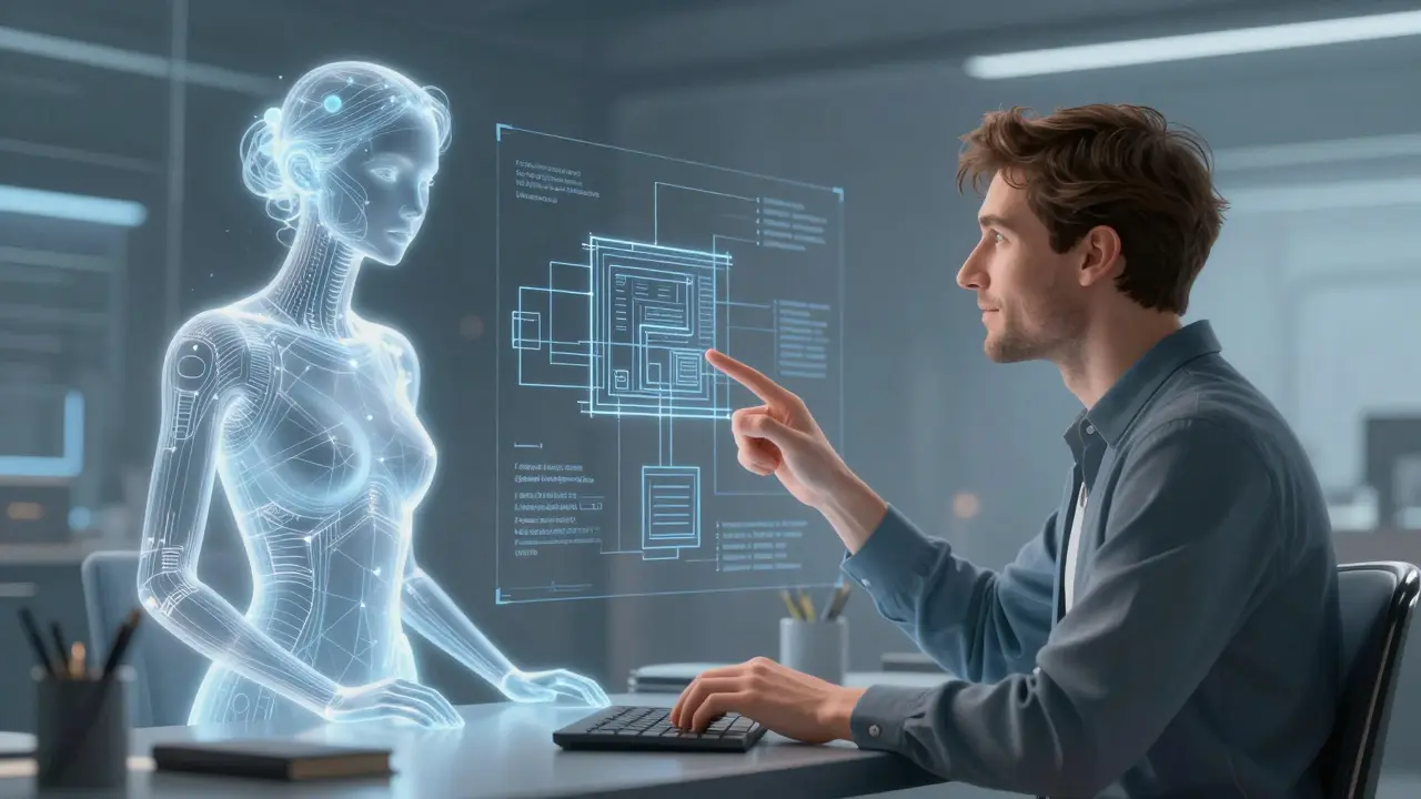 Serene collaboration between human architect and ethereal AI assistant