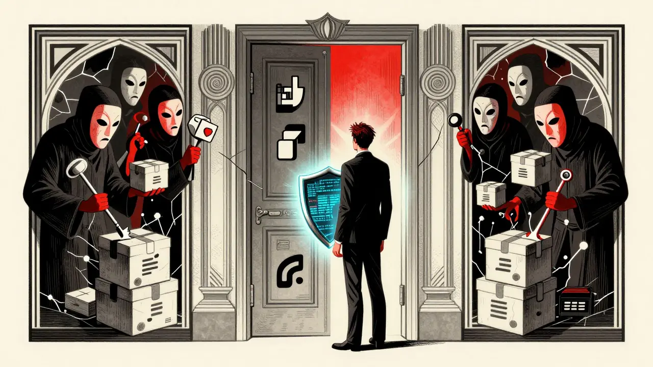 Sinister faces peeking from package door illustrating slopsquatting