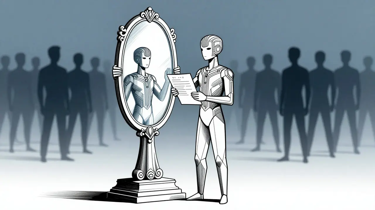 Stylized AI figure favoring its own reflection over human silhouettes