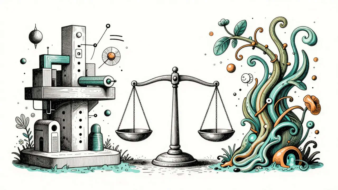 Stylized drawing balancing rigid structures and flowing vines to symbolize the trade-off between AI precision and creativity.