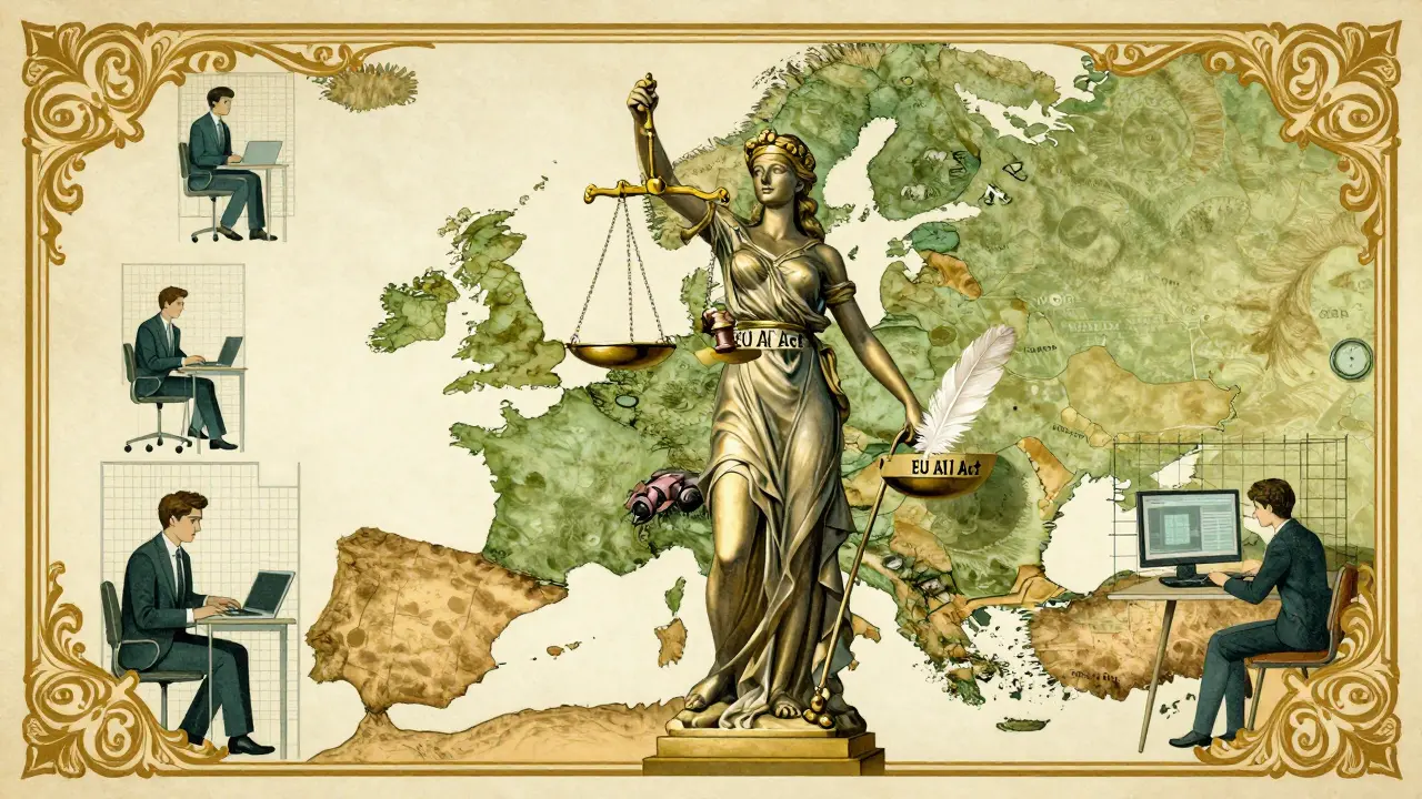 Stylized map of Europe showing regulatory constraints and human oversight in tech development.