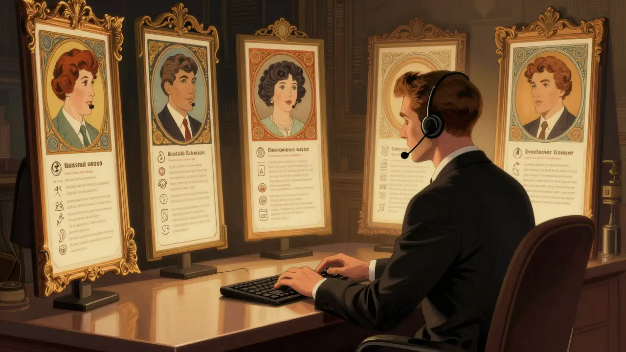 Support agent viewing personalized customer profiles in vintage illustration