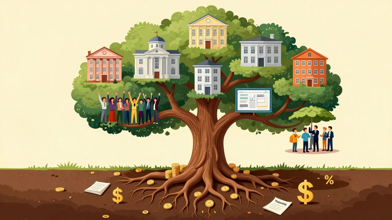 Tree of growth rooted in costs, showing departmental AI scaling and ongoing training.