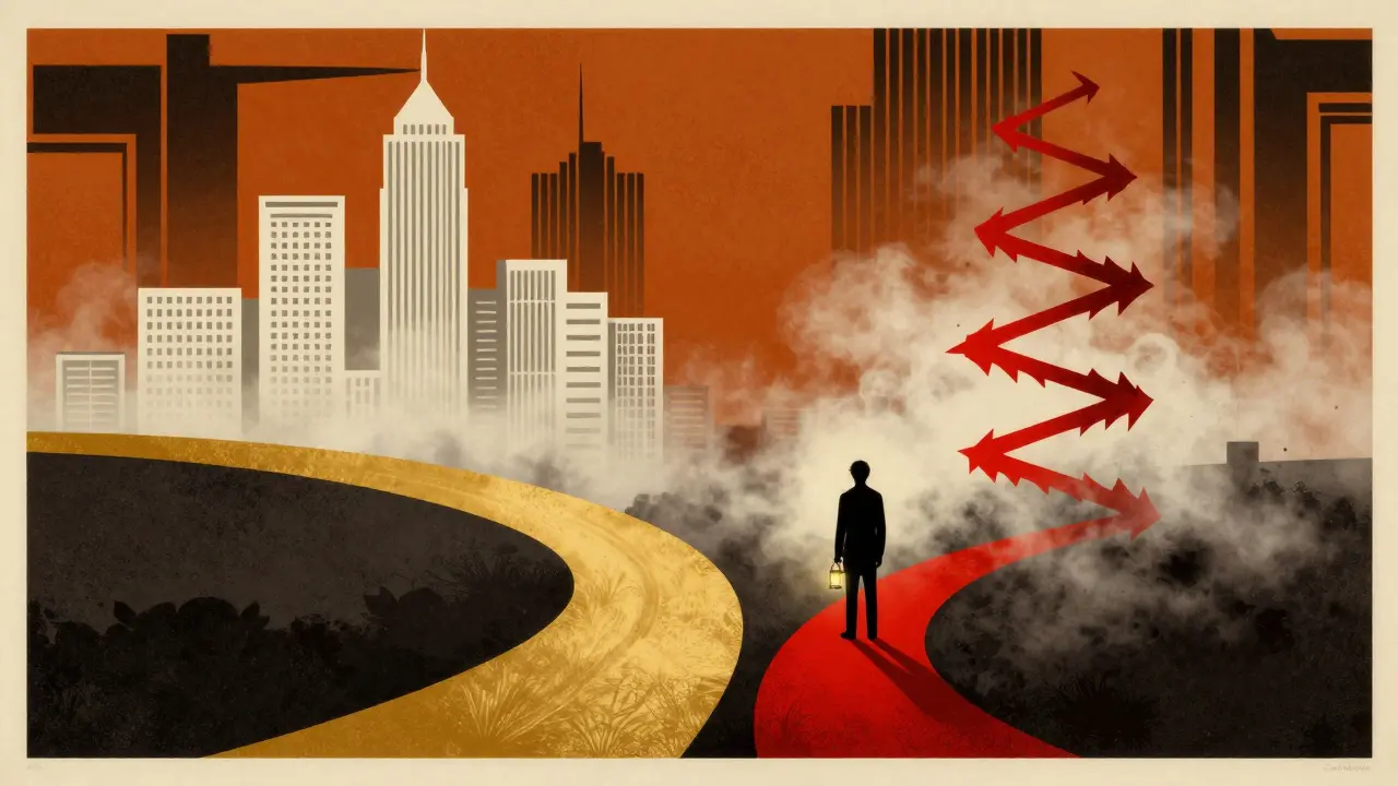Two diverging paths: one smooth and golden, one chaotic and red, symbolizing model training outcomes.