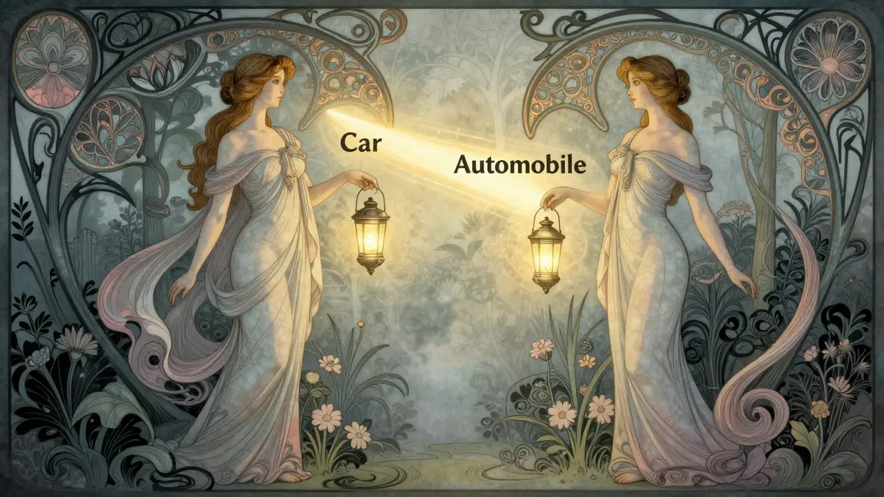 Two figures merging light beams, illustrating semantic equivalence despite different wording