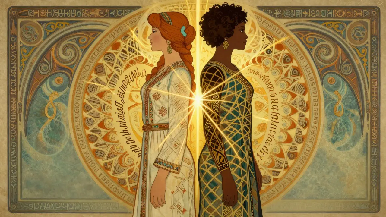 Two stylized figures merging into a lattice of scripts and light