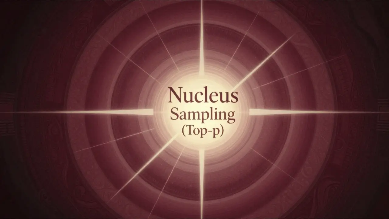 Vintage illustration showing a bright core of likely words being filtered by sharp lines, representing nucleus sampling.