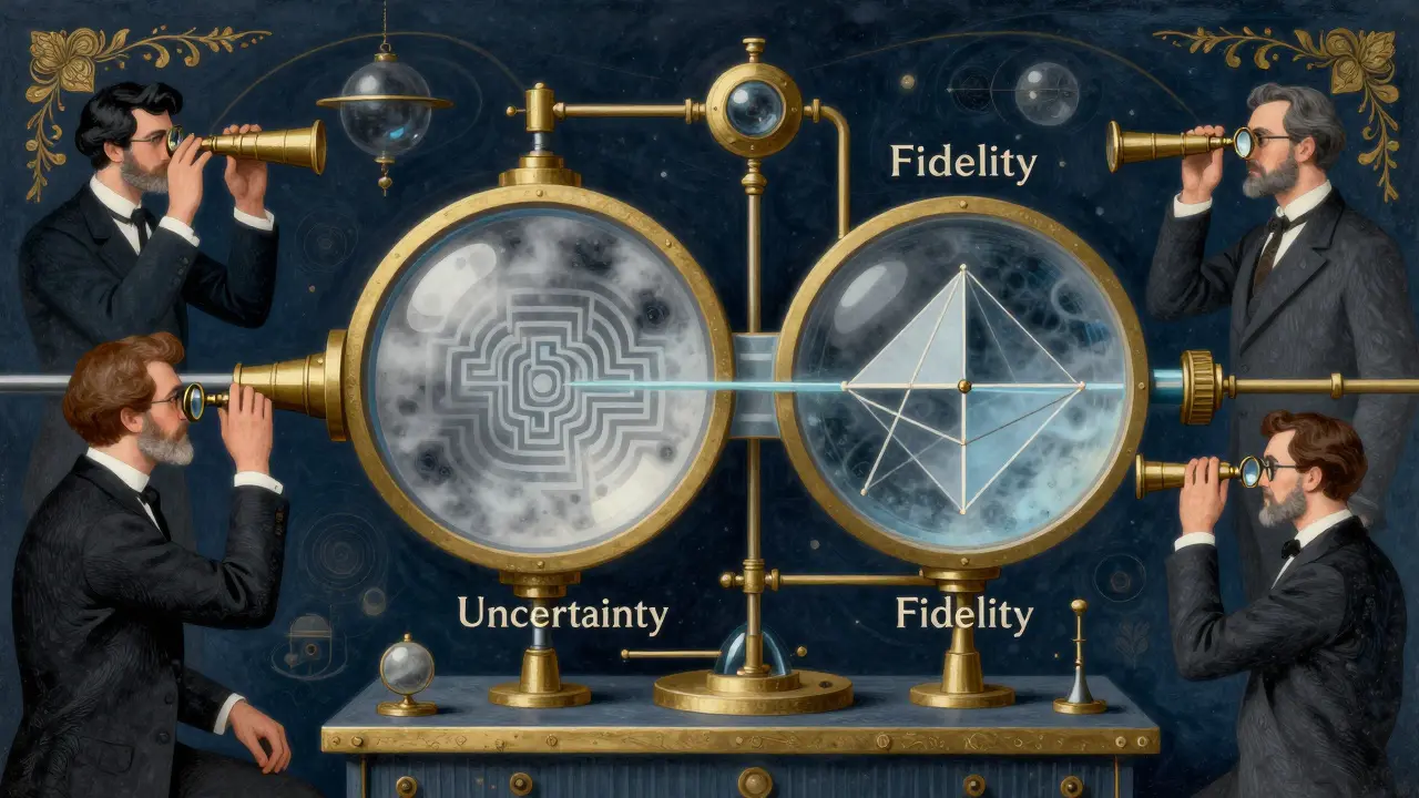 Vintage scientific device splitting AI confidence into parts