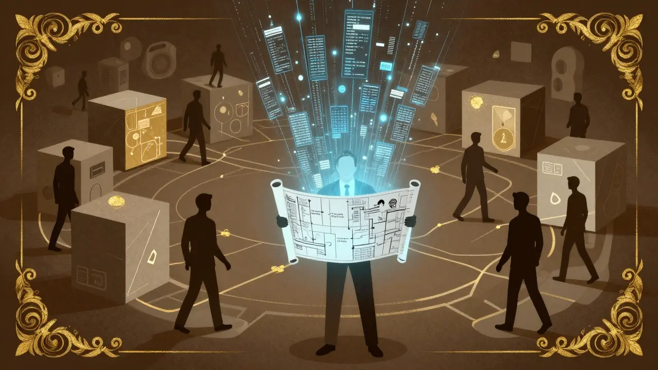 Vintage-style drawing of a manager guiding staff through digital workflow changes
