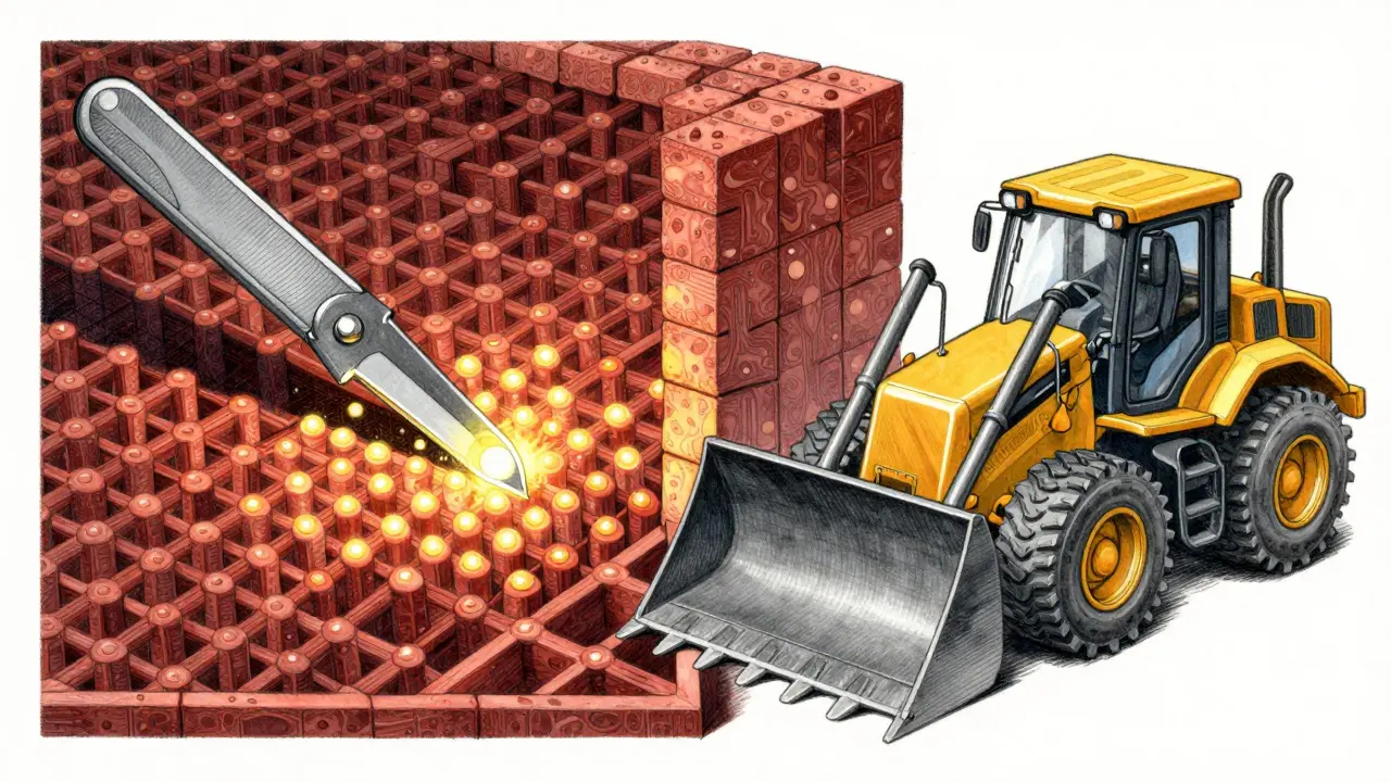 A detailed Willy Pogány-style drawing contrasting unstructured pruning (scalpel) and structured pruning (bulldozer) approaches to reducing neural network size.