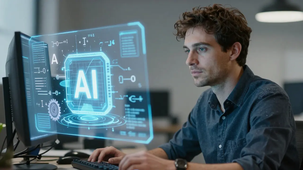 A sophisticated Willy Pogány-inspired image of a tech expert managing AI model efficiency, visualized through holographic interfaces and decorative mechanical elements.