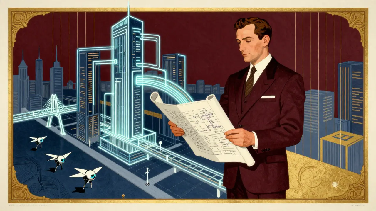 AI Architect designing structural code frameworks with neon blueprints and flying agents.