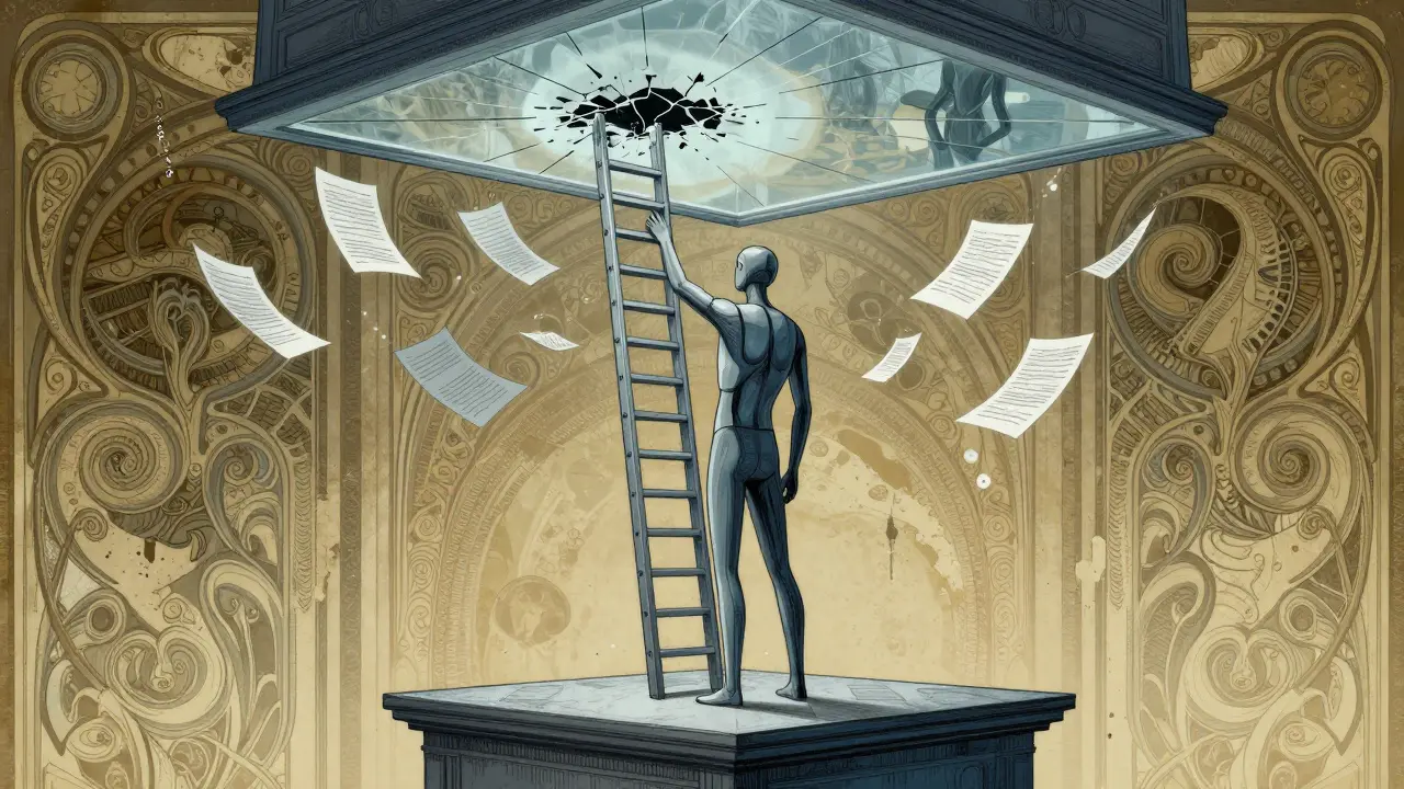 AI at a cracked glass ceiling with floating exam papers, illustrating data leakage issues.