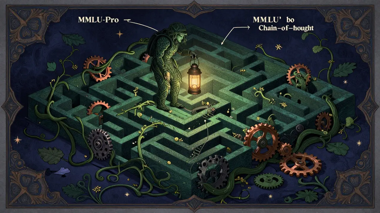 AI navigating a complex gear labyrinth with a lantern, representing MMLU-Pro reasoning.