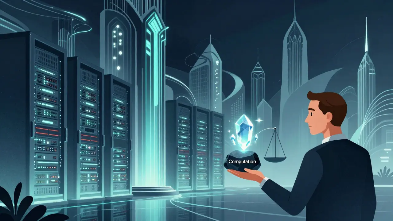 Art Deco depiction of efficient AI servers and balanced computation