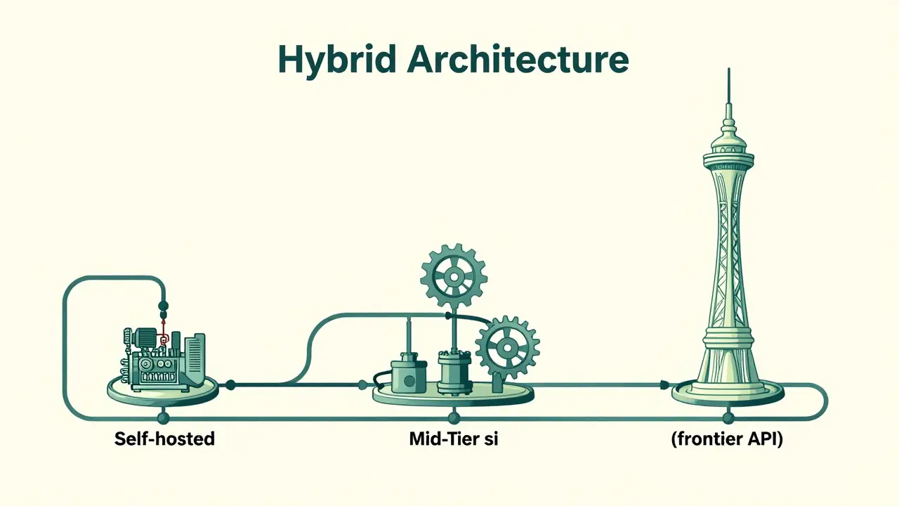 Artistic depiction of hybrid AI architecture with connected routing paths