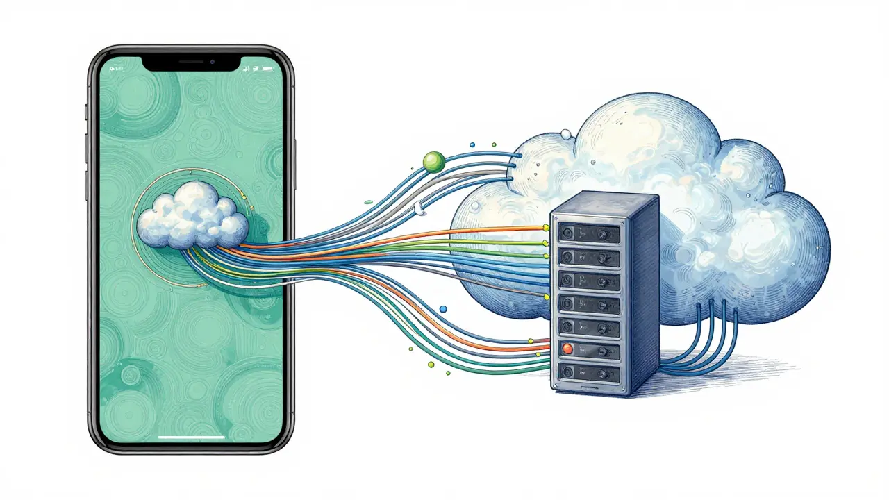 Artistic rendering by Willy Pogány's aesthetic showing the flow of optimized AI data between mobile devices and cloud infrastructure through ornate, symbolic pathways.