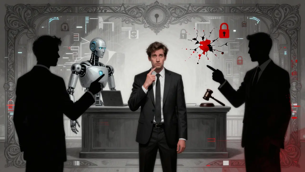 Conceptual art showing diffused responsibility among humans, AI, and regulators.