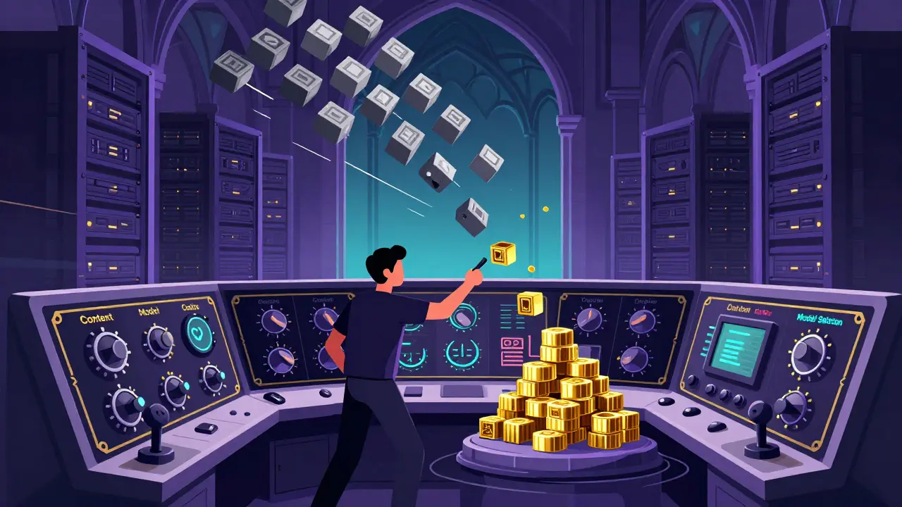 Developer optimizing AI costs by removing unnecessary tokens in an ornate control room