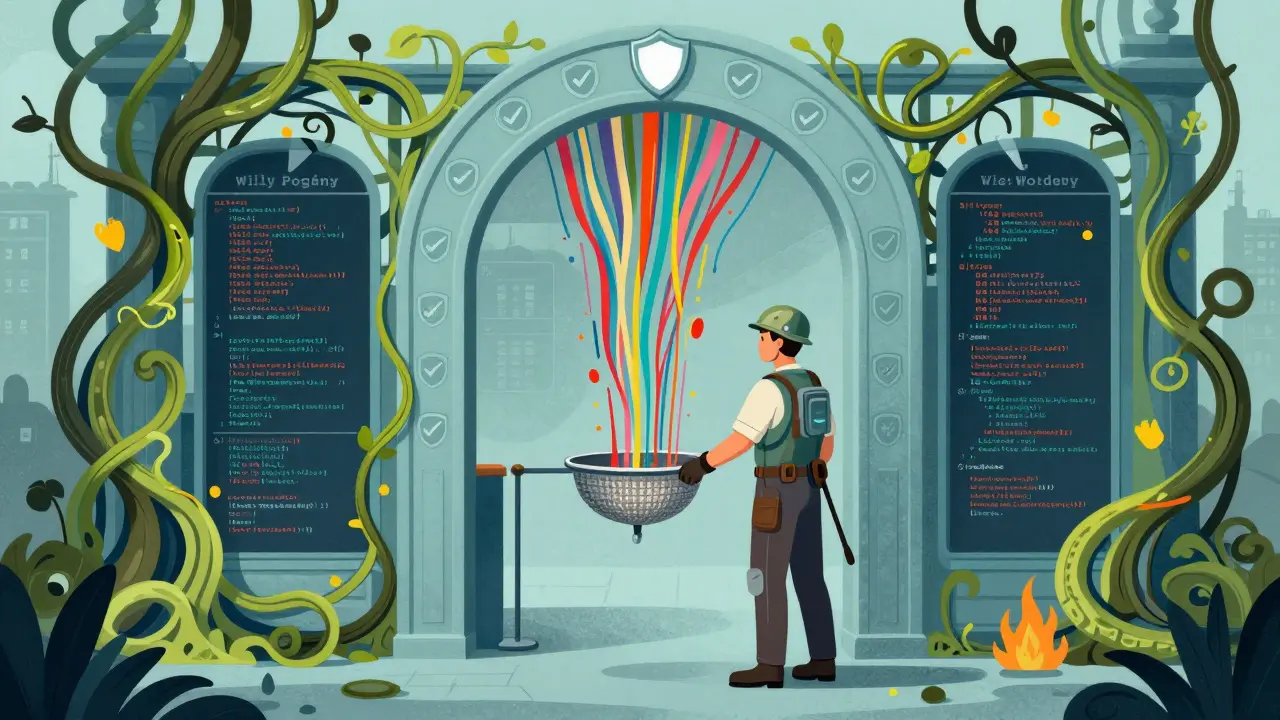 Engineer filtering chaotic AI code through security gates in an ornate frame.