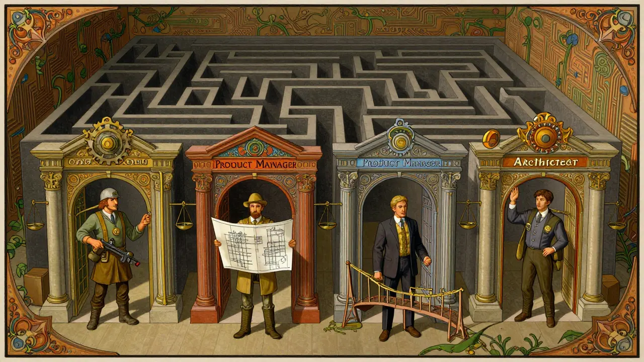 Four career paths in AI illustrated as ornate gates in a labyrinth