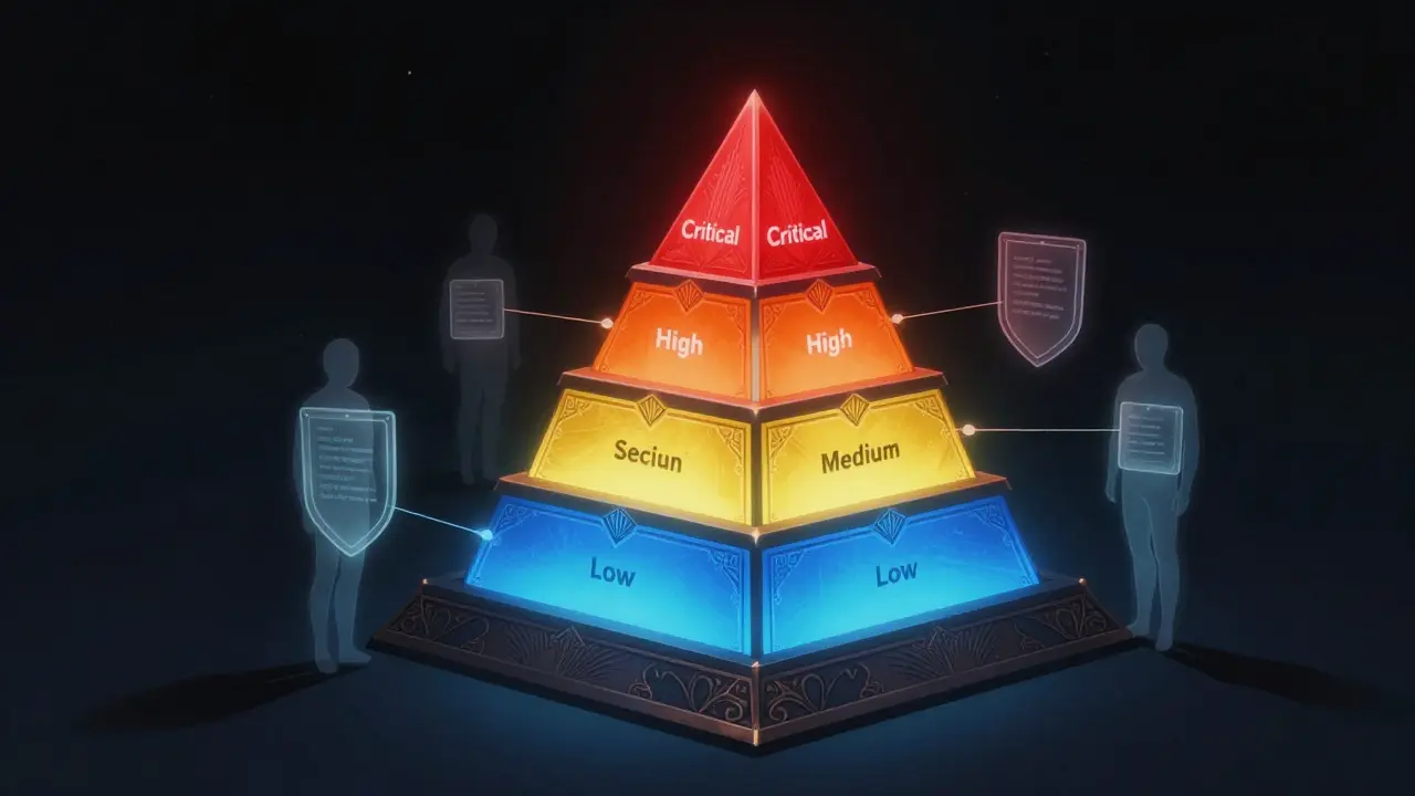 Four-tiered security pyramid with glowing levels representing data risk