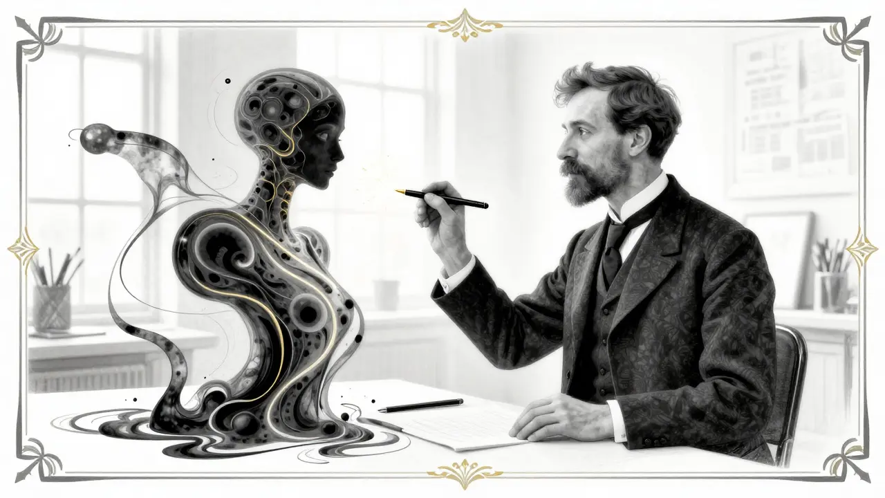Human developer guiding AI spirit with light, elegant illustration