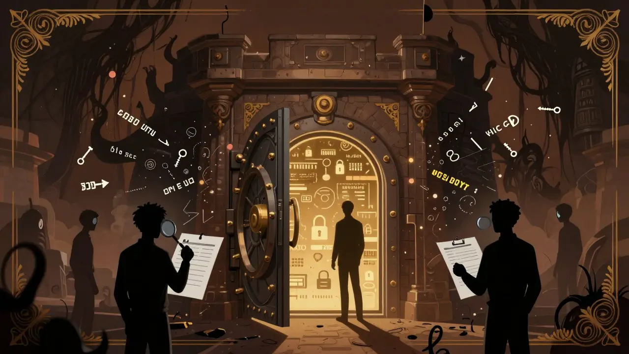 Illustration of a digital vault protecting secrets from shadowy threats
