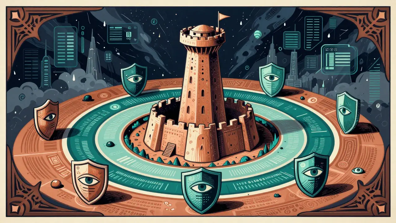 Illustration of a fortified AI control tower protected by layered defensive rings