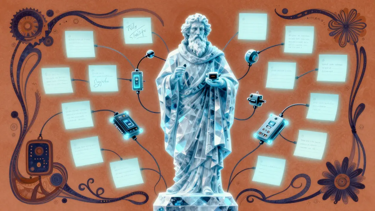 Illustration of a frozen model with glowing modular adapter attachments.