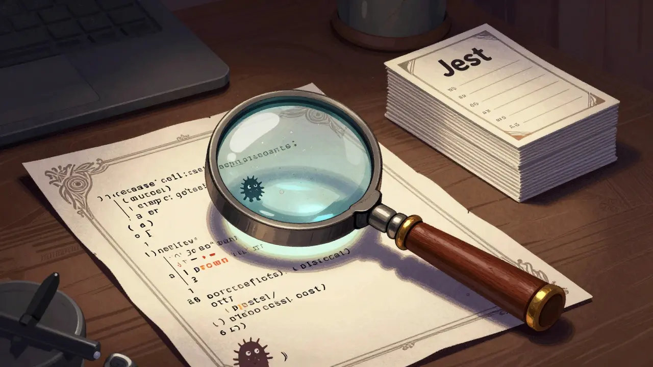 Magnifying glass reveals hidden bugs in code next to protective test shields