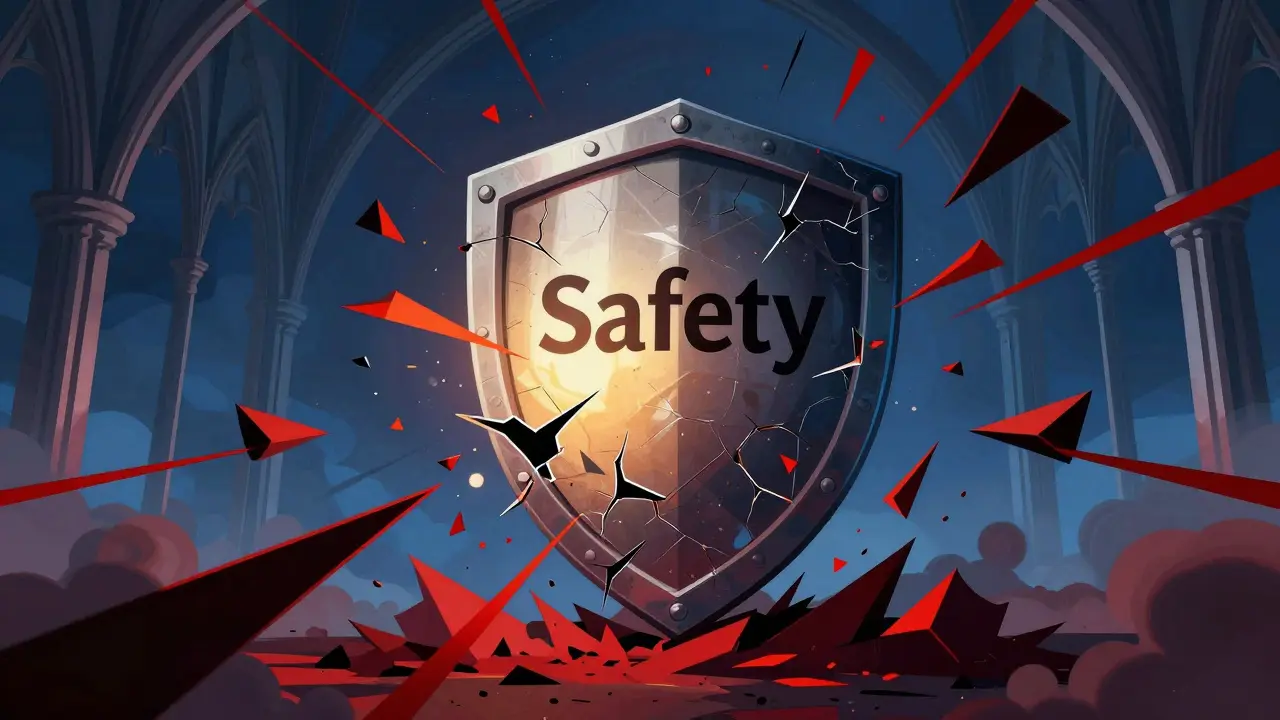 Ornate shield cracking under attack by chaotic red shapes in a gothic setting.